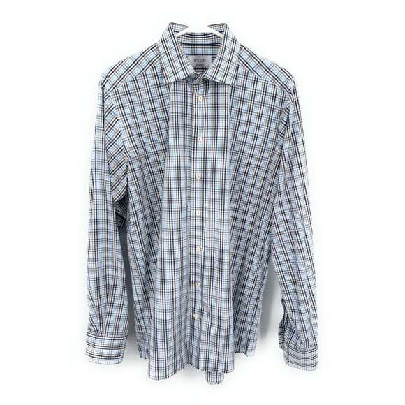 Eton Other - Eton Shirt Mens Blue Brown Check Contemporary Button Up Long Sleeve‎ 41 16
